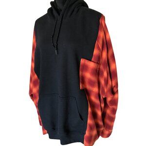 Upcycled Pullover Hoodie, Patchwork Flannel Sweatshirt Red Plaid Plus Size XL-3X